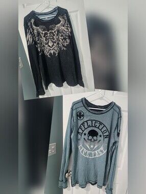 Affliction Men's Reversible Thermal Long-Sleeve Graphic Top Black Grey blue XL